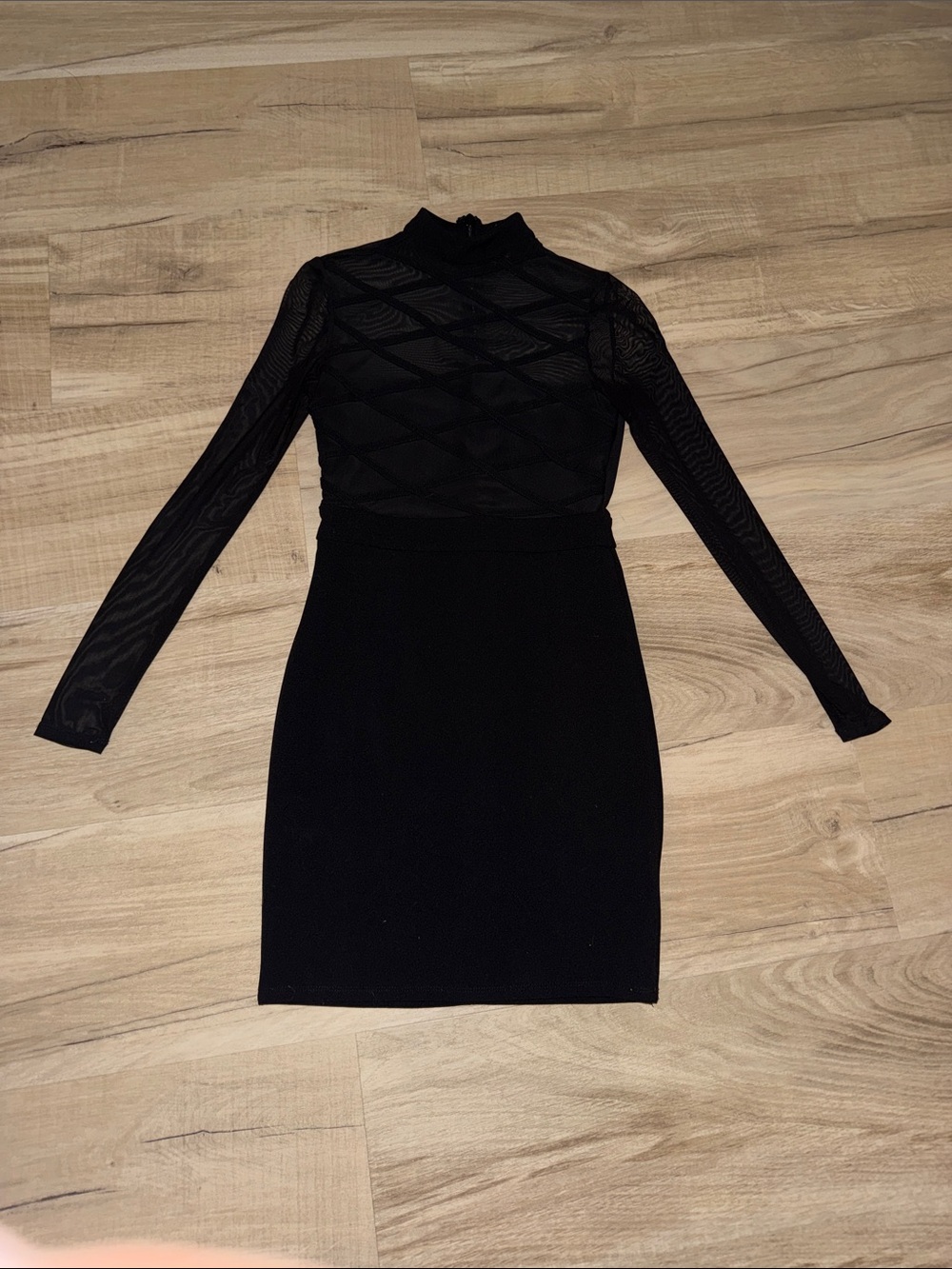 Guess Black Long Sleeve Mesh Bodice Bodycon Dress